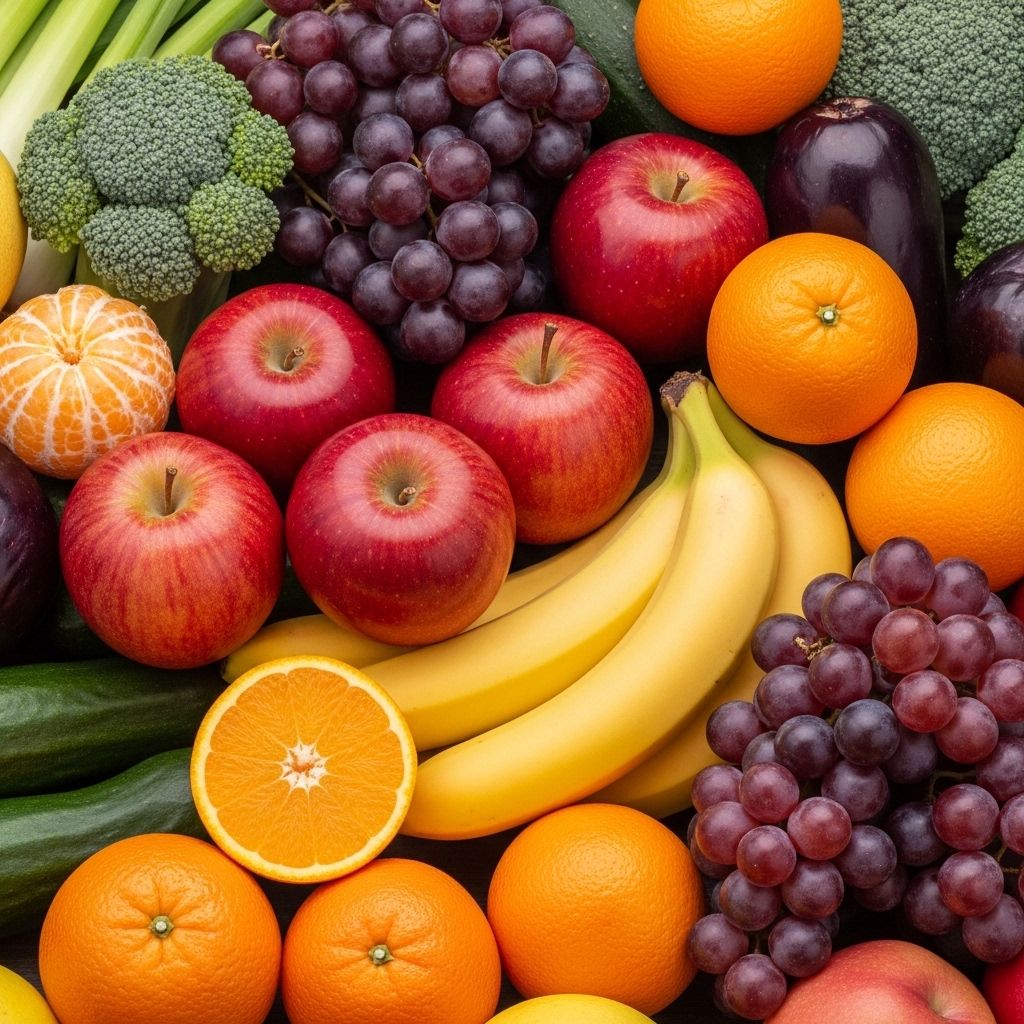 Färska grönsaker, frukter och fullkornsprodukter på ett ljust träbord - representerar balanserad och varierad kost