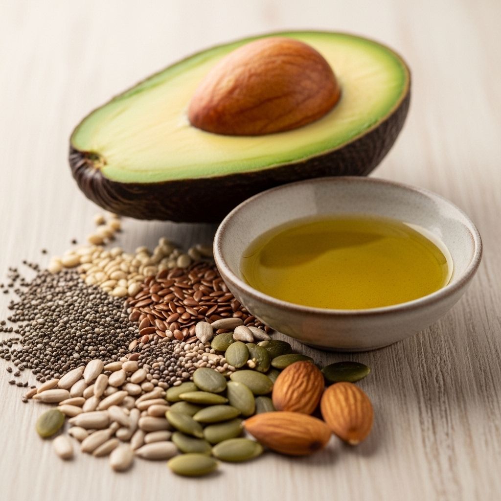 Avokado halverad, olivolja i liten skål och blandade frön och nötter på en ljus träyta - illustration av hälsosamma fettkällor