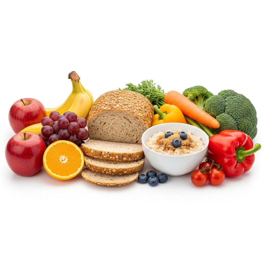 Fullkornsbröd, havregryn, färgglada frukter och grönsaker på ett rent vitt underlag - illustration av kolhydratkällor