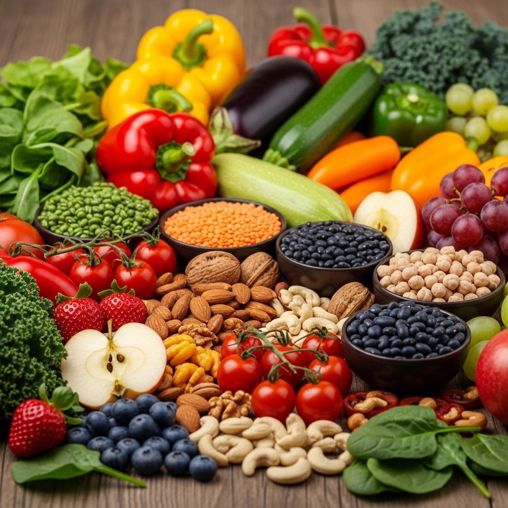 Rik sammansättning av färska grönsaker, baljväxter, nötter och frukt i varma naturliga färger på en träyta - illustration av växtbaserade livsmedel